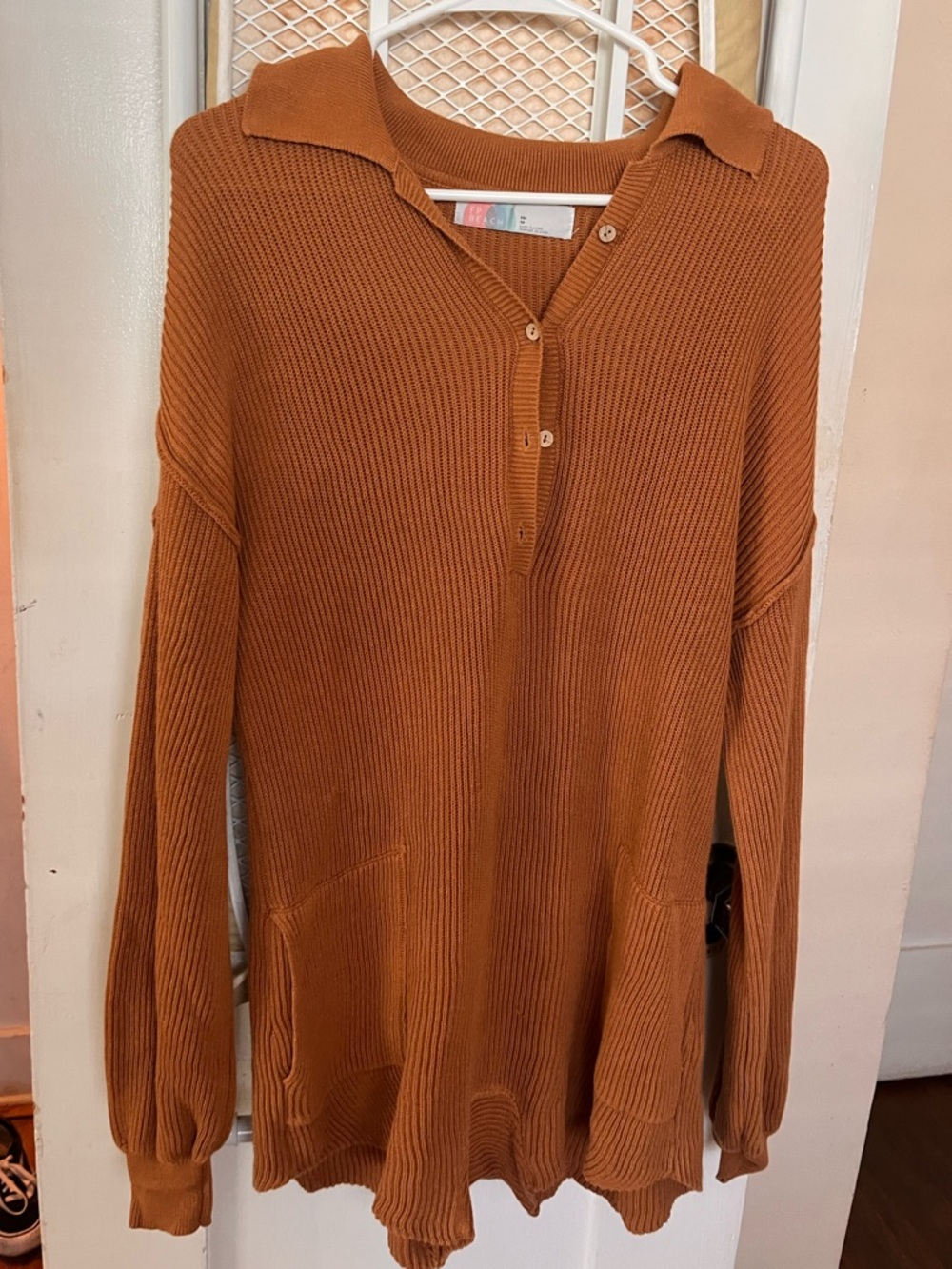 Free People Rust-Orange Ribbed Button Cardigan